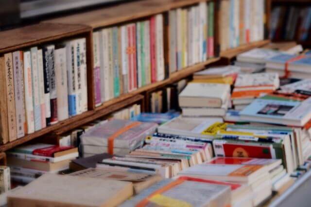 Quiet bookstore shelves lined with many books