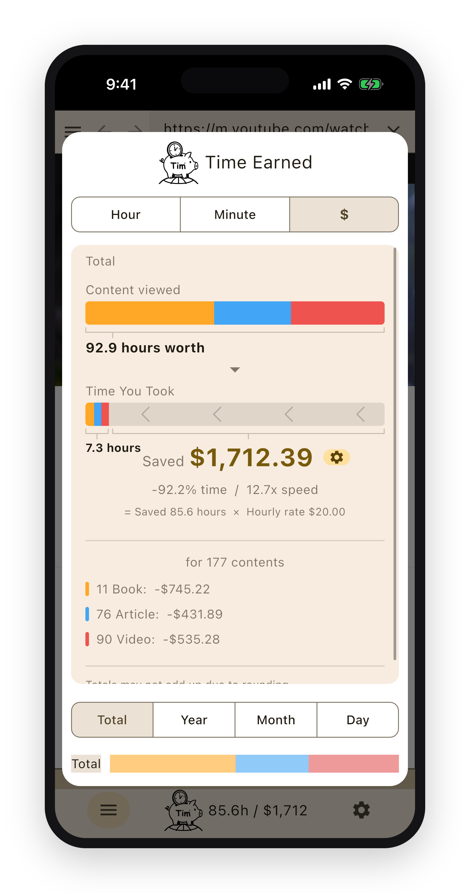 Track the time you save, valued in dollars — TimTim Browser